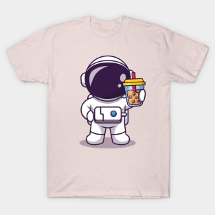 Cute Astronaut Holding Boba Milk Tea Cartoon T-Shirt